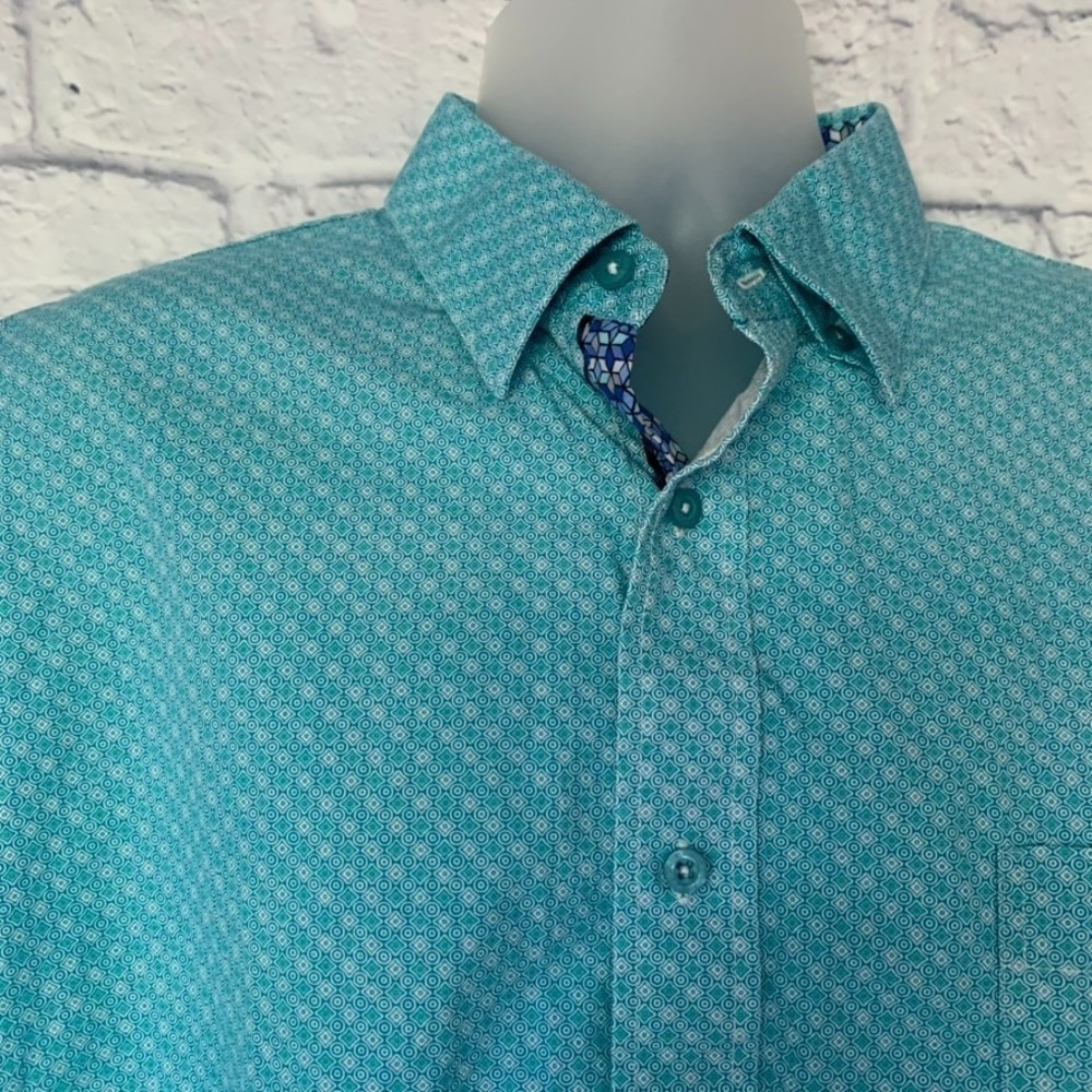 F/X Fusion Mens XLT Short Sleeve Button Up Shirt Aqua‎ Geometric Pattern